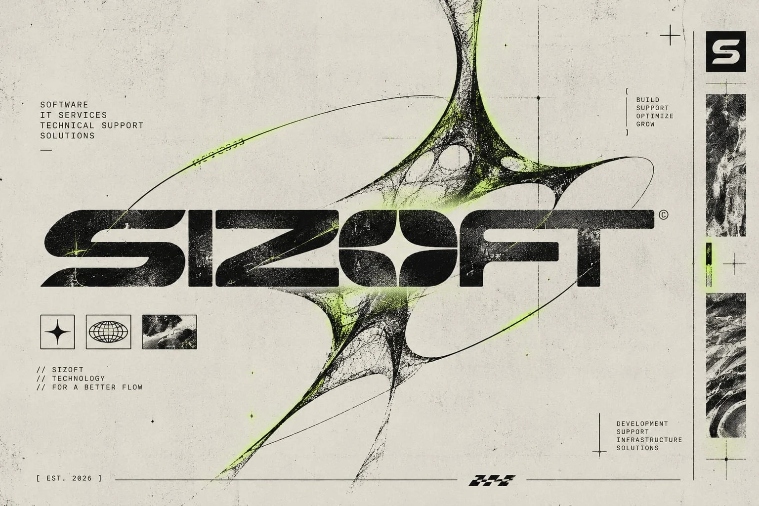 Identidad SIZOFT clara, con textura de papel y acentos verde lima